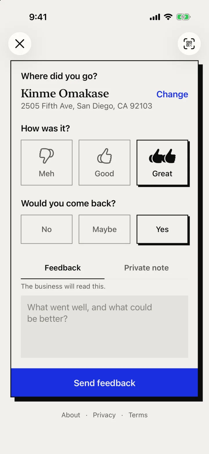 The feedback form: Meh, Good or Great, and a few words for the business