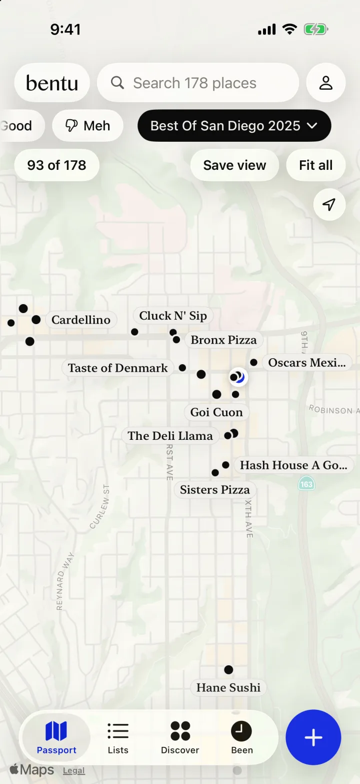 A map of San Diego with a pin for every place rated