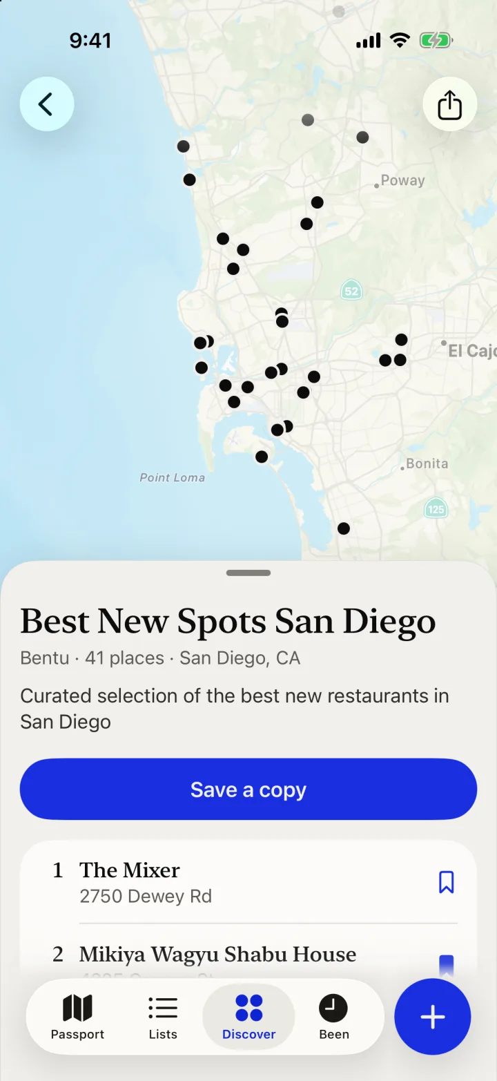 A shared list, Best New Spots San Diego, on its map, with Save a copy